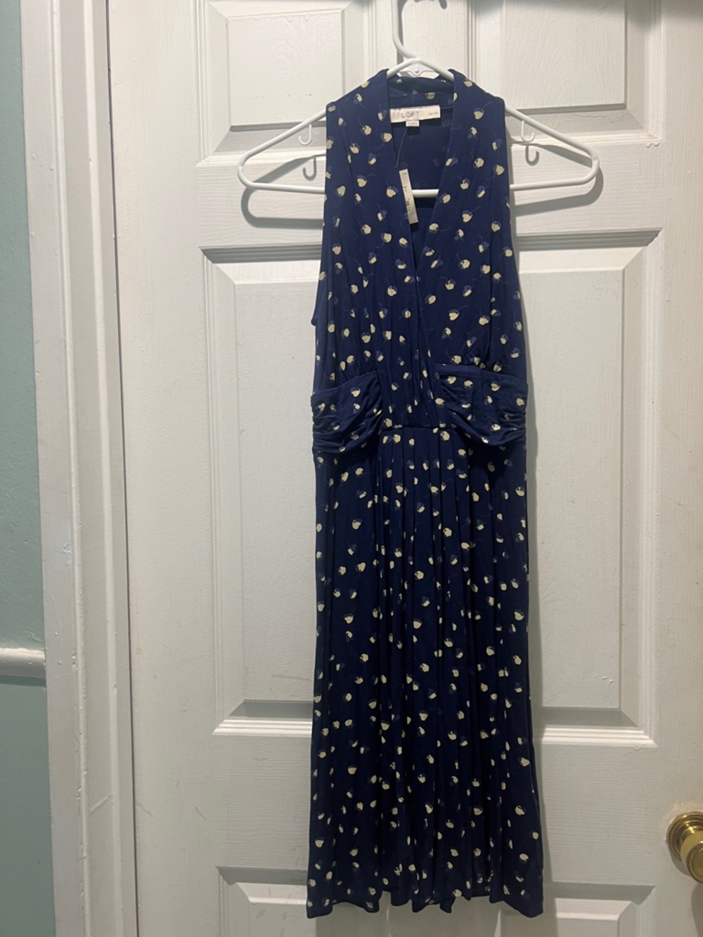 LOFT Navy Midi Dress with Cream Dot Print